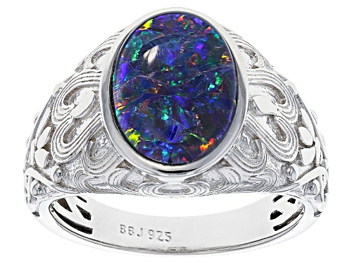 14x10mm Oval Australian Opal Triplet Rhodium Over Sterling Silver Gent's Ring - Size 12