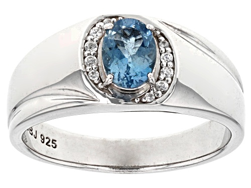 Photo of .55ct Oval Aquamarine With .07ctw Round White Zircon Rhodium Over Sterling Silver Gent's Ring - Size 10