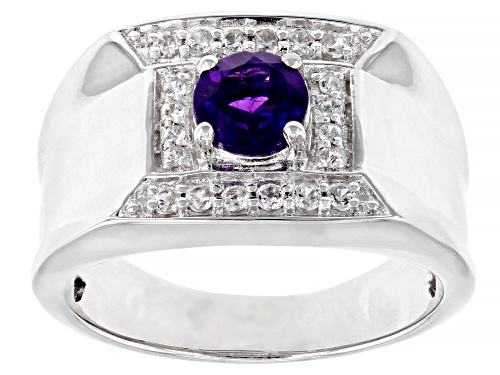 0.61ct Round African Amethyst With 0.28ctw Zircon Rhodium Over Sterling Silver Men's Ring - Size 10
