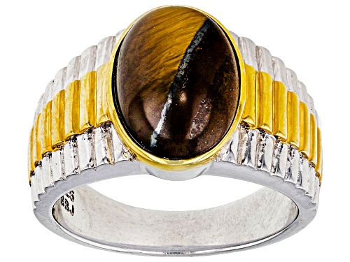 Photo of 14x10mm Oval Cabochon Tiger's Eye Rhodium Over Sterling Silver Two-Tone Men's Ring - Size 9