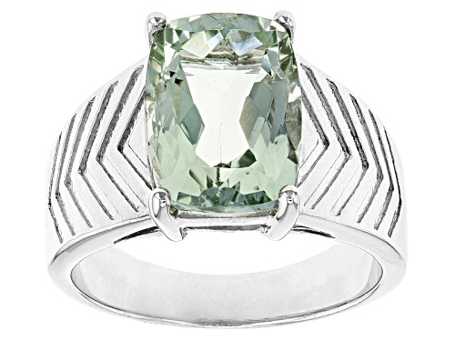 Photo of 5.31ct Rectangular Cushion Green Prasiolite Rhodium Over Sterling Silver Solitaire Men's Ring - Size 11