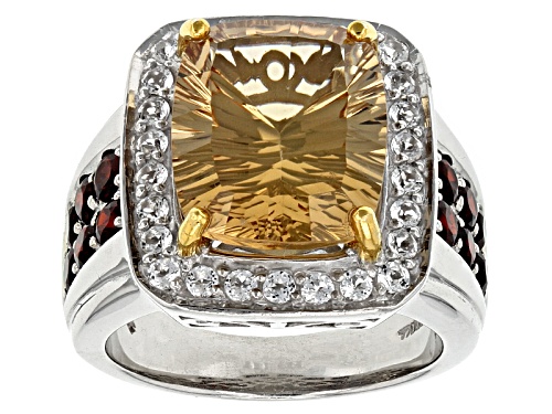 8.16ct Champagne Quartz With 2.14ctw Vermelho Garnet™ & White Topaz Rhodium Over Silver Gent's Ring - Size 10