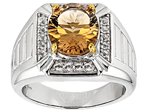 3.30ct Oval Champagne Quartz And .34ctw Round White Topaz Rhodium Over Sterling Silver Gents Ring - Size 12