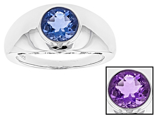 Photo of 2.50ct Round Color Change Blue Fluorite Rhodium Over Sterling Silver Gents Ring - Size 12