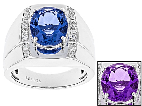 4.93ct Color Change Blue Fluorite And .40ctw White Zircon Rhodium Over Sterling Silver Men's Ring - Size 12