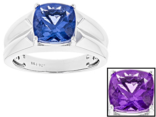Photo of 4.12ct Square Cushion Color Change Blue Fluorite Rhodium Over Sterling Silver Men's Ring - Size 13