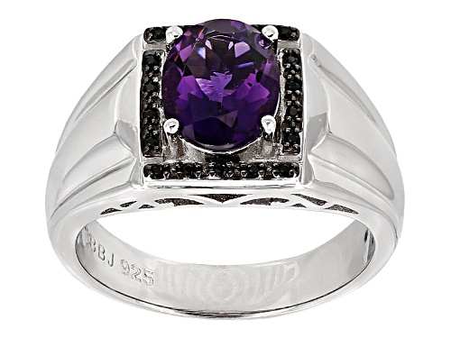 Photo of 1.99ct Oval Uruguayan Amethyst & .06ctw Round Black Spinel Rhodium Over Sterling Silver Gent's Ring - Size 10