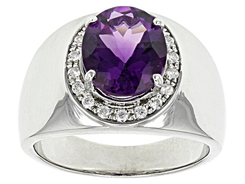 3.65ct Oval Uruguayan Amethyst And .38ctw Round White Zircon Sterling Silver Mens Ring - Size 12