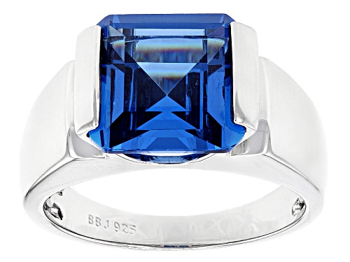 9.70ct Square Octagonal Lab Created Blue Spinel Solitaire Rhodium Over Sterling Silver Mens Ring - Size 10