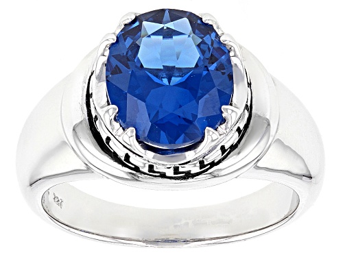 Photo of 4.06ct Oval Lab Created Blue Spinel Solitaire Rhodium Over Sterling Silver Gent's Ring - Size 11