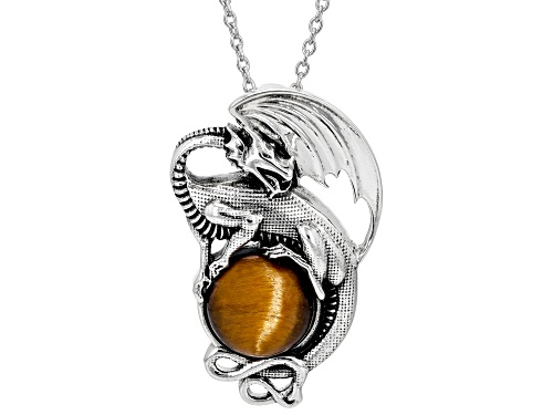 12mm Round Tigers Eye Sterling Silver Dragon Pendant With Chain
