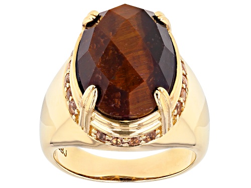 Photo of 9.69ct Oval Checkerboard Cut Tigers Eye & .61ctw Andalusite 18k Gold Over Silver Gents Ring - Size 11