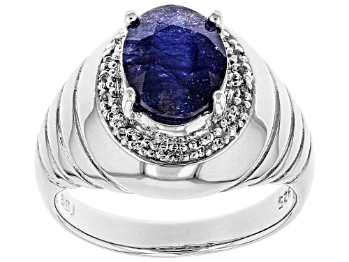 Photo of 3.60ct oval Mahaleo(R) blue sapphire & .07ctw round white topaz rhodium over silver Mens ring - Size 12