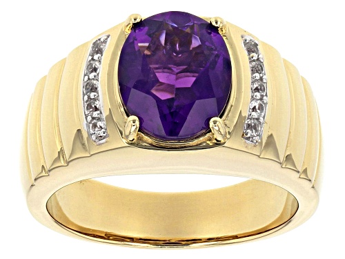 Photo of 2.72ct oval amethyst with 0.17ctw round white zircon 18k yellow gold over silver Mens ring - Size 12