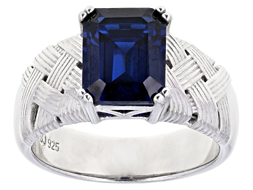 5.00ct Emerald Cut Lab Created Blue Spinel Solitaire Rhodium Over Silver Men's Ring - Size 10