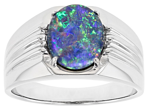 Photo of 12x10mm Australian Opal Triplet Rhodium Over Sterling Silver Mens Ring - Size 11