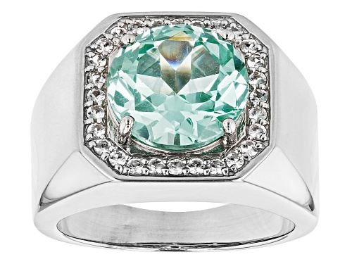 5.18ct Round Lab Created Green Spinel & .45ctw White Topaz Rhodium Over Sterling Silver Mens Ring - Size 9
