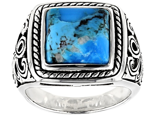 12mm Square Cushion Cabochon Turquoise Rhodium Over Sterling Silver Solitaire Mens Ring - Size 11