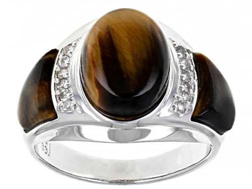 Photo of 14x10mm Oval and 9x8mm Tiger's Eye With .19ctw White Topaz Rhodium Over Sterling Silver Men's Ring - Size 12