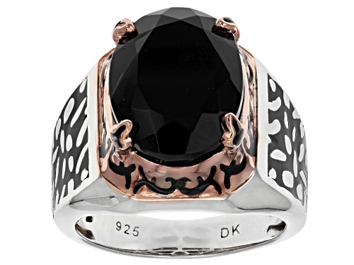 Photo of 16x12mm Oval Black Onyx, Black Enamel, Rhodium & 18k Rose Gold Over Silver Two-Tone Mens Ring - Size 11