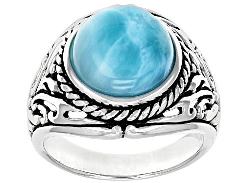 13mm Round Cabochon Larimar Rhodium Over Sterling Silver Mens Solitaire Ring - Size 11