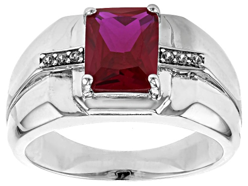 2.34ct Lab Created Ruby With .07ctw White Zircon Rhodium Over Sterling Silver Men's Ring - Size 10