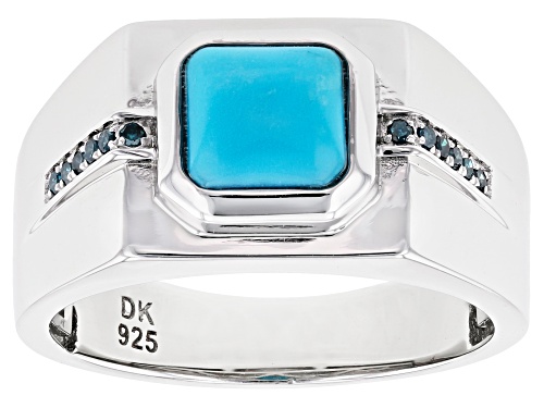 7mm Sleeping Beauty Turquoise with .07ctw Blue Diamond Accent Rhodium Over Silver Mens Ring - Size 10