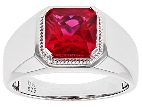 3.47ct Square Octagonal Lab Created Ruby Rhodium Over Sterling Silver Mens Solitaire Ring - Size 11