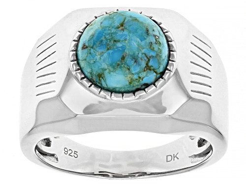 Photo of 10mm Round Blue Turquoise Rhodium Over Silver Mens Ring - Size 11