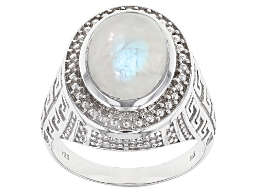 14X10MM OVAL CABOCHON RAINBOW MOONSTONE RHODIUM OVER STERLING SILVER MEN'S RING - Size 11