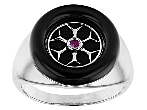 Photo of 6.80ct Free-Form Black Onyx and 0.04ct Lab Created Ruby Rhodium Over Silver Mens Ring - Size 10