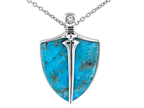 23x19mm Fancy Shape Turquoise and 0.13ct White Topaz Sterling Silver "Shield" Pendant With Chain