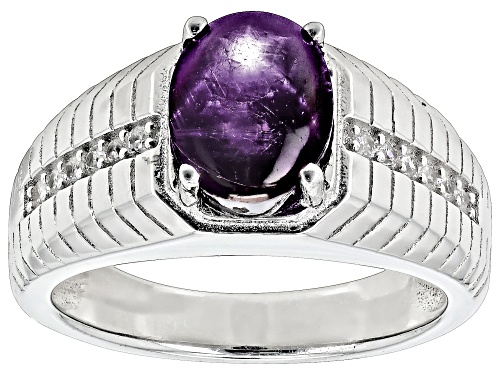 4.72ct Oval Indian Star Ruby With .21ctw Round White Zircon Rhodium Over Silver Men's Ring - Size 10