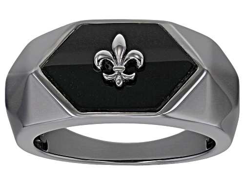 Photo of 16x10mm Hexagon Black Onyx "Fluer-De-Lis" Black Rhodium Over Sterling Silver Mens Ring - Size 11