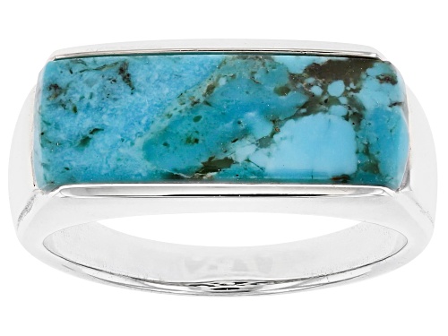 19X7mm Fancy Cut Turquoise Inlay Rhodium Over Sterling Silver Men's Band Ring - Size 10