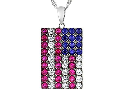 2.62ctw Lab Ruby, Lab White Sapphire & Lab Blue Sapphire Rhodium Over Silver Pendant With Chain