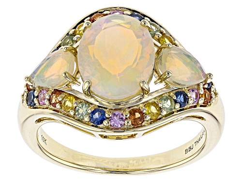 1.79ctw Oval And Pear Shape Ethiopian Opal With .63ctw Round Multi Sapphire 10k Yellow Gold Ring - Size 9