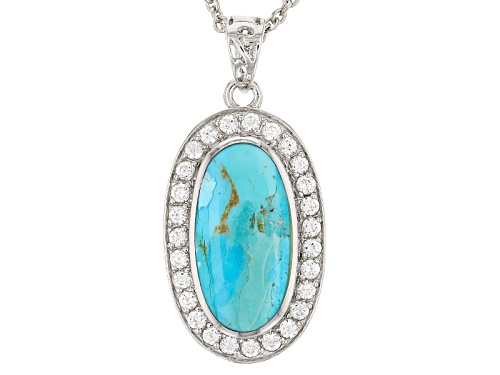 20x10mm Oval Turquoise Cabochon With 1.35ctw Round White Zircon Sterling Silver Pendant With Chain