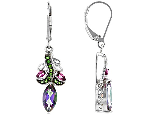 Photo of 2.61ctw Mystic Fire® Green Topaz, Rhodolite & Chrome Diopside Rhodium Over Silver Dangle Earrings