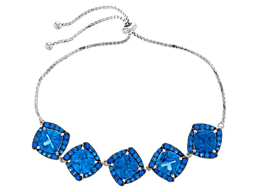 12.72ctw Cushion And Round Lab Created Blue Spinel Silver Bolo Bracelet Adjusts Approximately 6