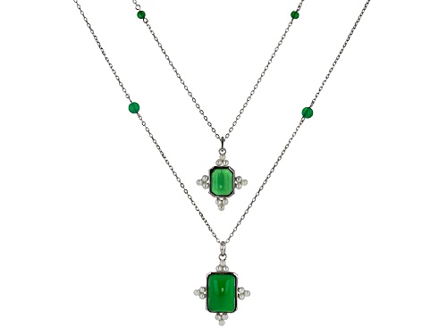 Photo of Emerald Cut Cabochon And Round Green Onyx Bead With  White Cultured Freshwater Pearl Silver Necklace - Size 18