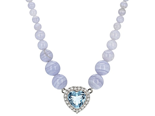Photo of 10.10ct Heart Shape Glacier Topaz™, 6-12mm Blue Agate And 2.50ctw White Zircon Silver Necklace - Size 18