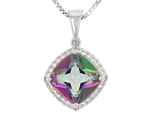 Photo of 3.07ct Square Cushion Mystic Fire® Green Topazwith .17ctw White Zircon Silver Pendant with Chain