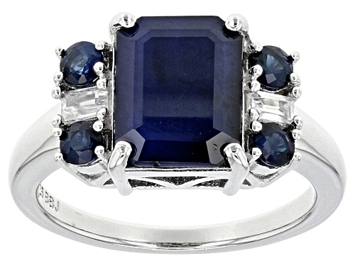 Photo of 3.67ctw Emerald Cut & Round Blue Sapphire With .24ctw White Zircon Rhodium Over Silver Ring - Size 9
