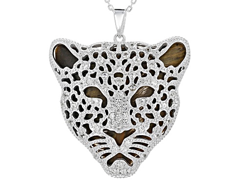 Photo of 30x30mm Custom Cut Tiger's Eye And .93ctw Round White Zircon Silver Leopard Face Pendant With Chain