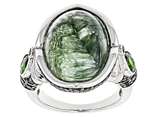 18x13mm Oval Seraphinite With 1.52ctw Russian Chrome Diopside And Round Black Spinel Silver Ring - Size 6