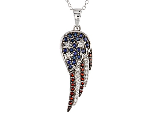 1.00ctw Round Red Vermelho Garnet™, White Zircon And Blue Sapphire Silver Wing Pendant With Chain