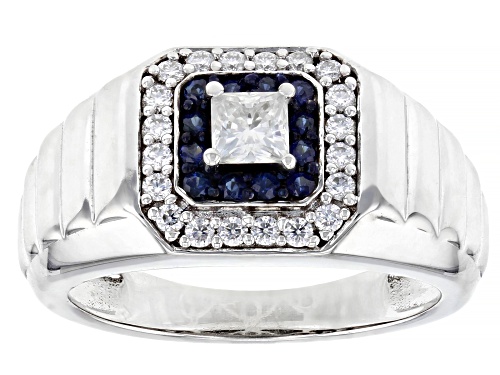 Photo of MOISSANITE FIRE(R) .81CTW DEW AND BLUE SAPPHIRE PLATINEVE(R) MENS RING - Size 10