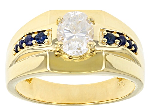 MOISSANITE FIRE(R) 1.50CT DEW OVAL AND BLUE SAPPHIRE 14K YG OVER STERLING SILVER MENS RING - Size 10