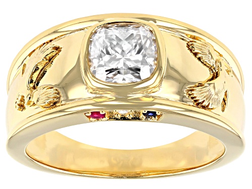 MOISSANITE FIRE(R) 1.74CTW DEW AND BLUE SAPPHIRE WITH RUBY 14K YG OVER SILVER MENS EAGLE RING - Size 11